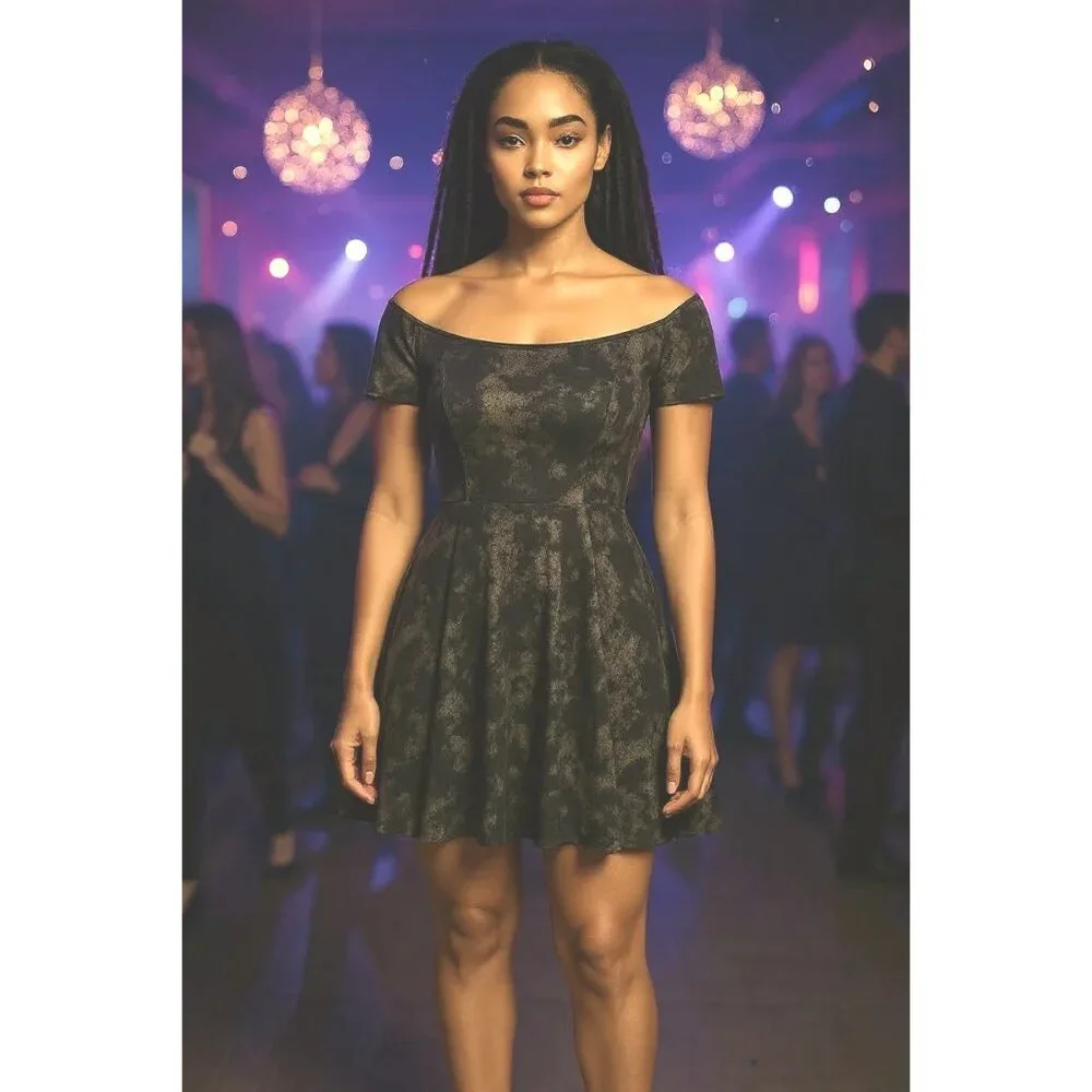 Hunter Bell Metallic Marble Mini Skater Dress Black Silver Gold XS